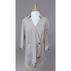 Chicos Black Label Striped Peplum Wrap Top Size L 3/4 Sleeve Brown White Office